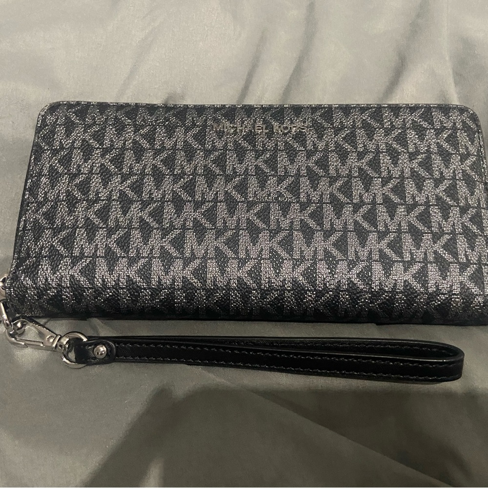Michael Kors Black and Silver Logo Wristlet